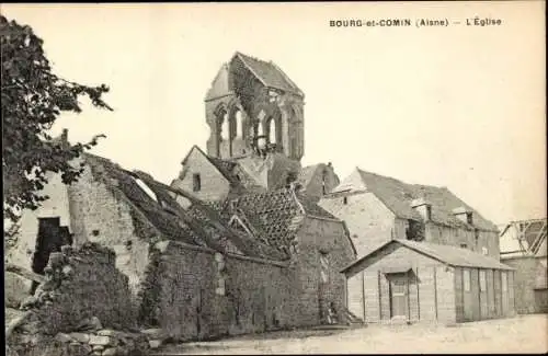 Ak Bourg et Comin Aisne, zerstörte Kirche