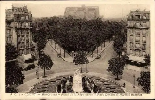 Ak Clichy Hauts de Seine, Panorama, Place de la Republique, Parc Denain et Hopital Beaujon