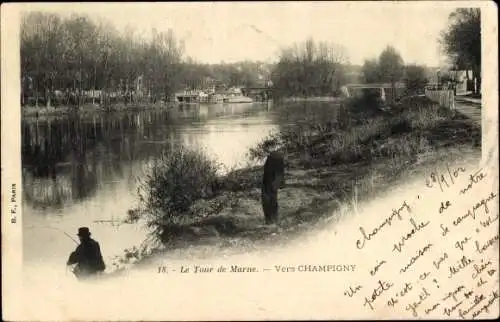 Ak Champigny Val de Marne, Le Tour de Marne, Wasserpartie, Männer beim Angeln
