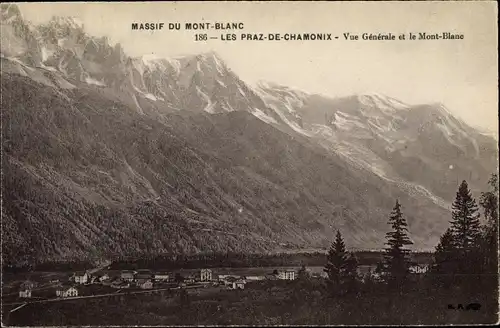 Ak Les Praz Chamonix Mont Blanc Haute Savoie, Gesamtansicht und Mont Blanc