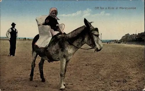 Ak Morecambe, Mädchen auf Esel reitend, Bauer
