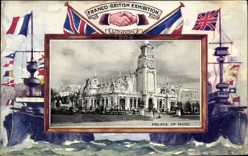 Künstler Ak London, Französisch-britische Ausstellung, Palast, Kriegsschiffe