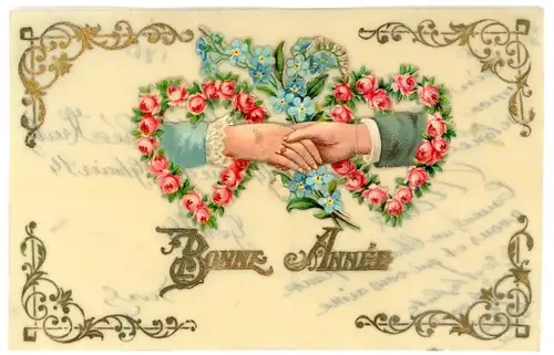 Zelluloid Ak Glückwunsch Neujahr, Händedruck, Rosen, Vergissmeinnicht