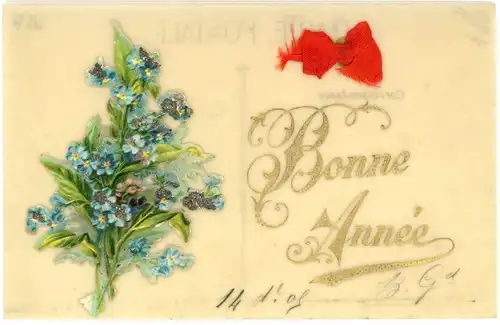 Zelluloid Ak Glückwunsch Neujahr, Stoffschleife, Blumenstrauß, Vergissmeinnicht