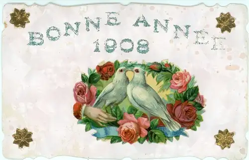 Ak Glückwunsch Neujahr 1908, Tauben, Rosen