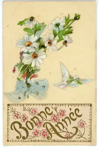 Stoff Ak Glückwunsch Neujahr, Taube, Blumenstrauß, Stoffschleife
