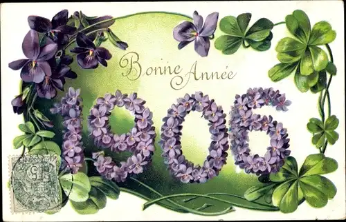Präge Ak Glückwunsch Neujahr 1906, Glücksklee, Veilchen
