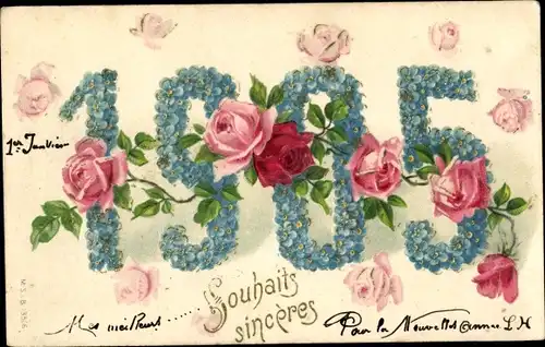 Litho Jahreszahl 1905, Rosen, Vergissmeinnicht