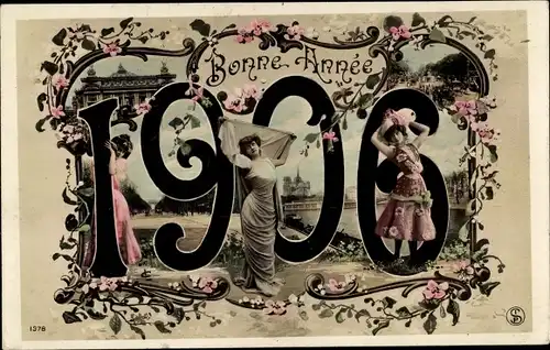 Ak Glückwunsch Neujahr 1906, Frauen-Portraits, Blumen