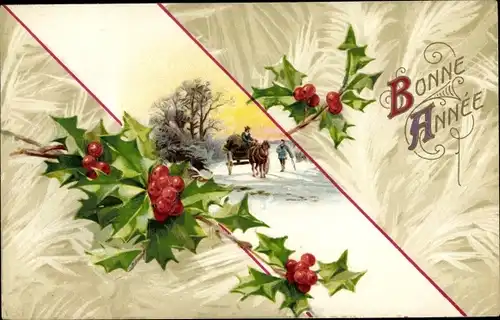 Präge Ak Glückwunsch Neujahr, Stechpalme, Fuhrwerk