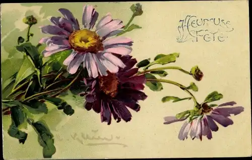 Künstler Ak Klein, Catharina, Glückwunsch, Violette Blumen