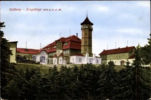 Ak Klínovec Keilberg Erzgebirge Reg. Karlsbad, Bergbaude, Aussichtsturm