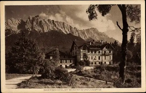 Ak Garmisch Partenkirchen in Oberbayern, Badersee Hotel, Waxenstein, Zugspitze