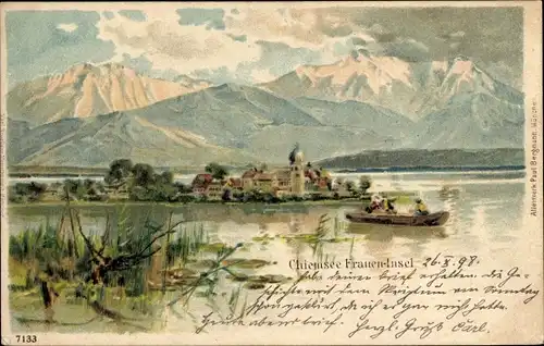 Litho Fraueninsel Chiemsee Oberbayern, Blick auf Insel, Gebirge