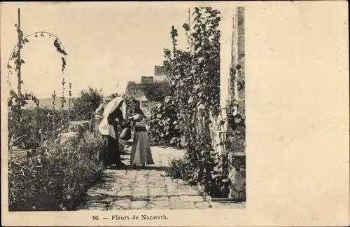 Ak Nazareth Nazareth Israel, Frau mit Kind im Blumengarten