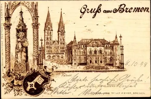 Litho Bremen, Rathaus, Wappen, Roland, Holzbrandimitat