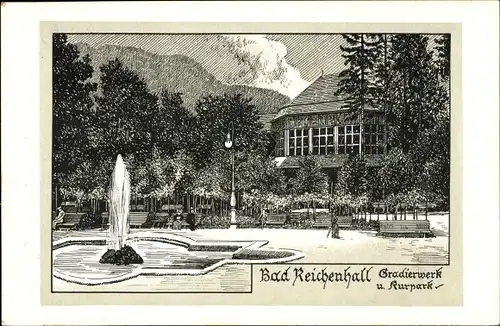 Litho Bad Reichenhall in Oberbayern, Gradierwerk, Kurpark, Springbrunnen