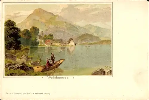 Litho Walchensee Kochel am See, Panorama, Ruderboot, Angler