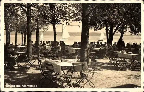 Ak Utting am Ammersee Oberbayern, Gasthof am See, Terrasse, Segelboote