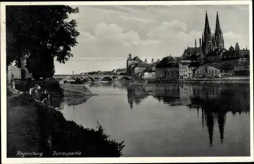 Ak Regensburg an der Donau Oberpfalz, Donauufer, Dom, Brücke