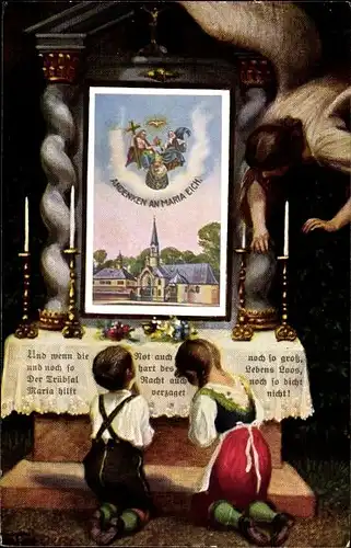 Ak Planegg Oberbayern, Wallfahrtskirche Maria Eich, Gnadenbild, Engel, Kinder beim Gebet