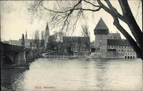 Ak Konstanz am Bodensee, Teilansicht, Brücke, Boot, Statuen, Münster