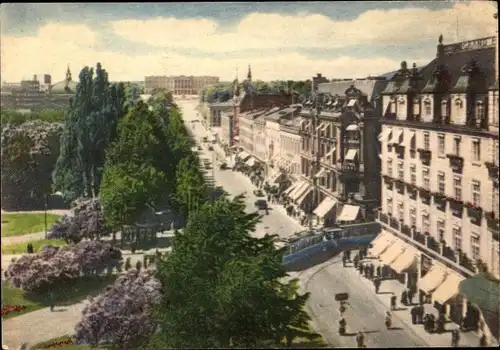 Ak Oslo Norwegen, Karl Johans Gate, Straßenpartie, Parkanlagen, Straßenbahn