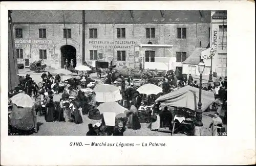 Ak Gand Gent Ostflandern, Marché aux Legumes, la Potence, Marktplatz mit Marktständen