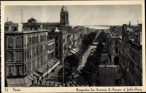 Ak Tunis, Tunesien, Perspective des Avenues de France und Jules Ferry