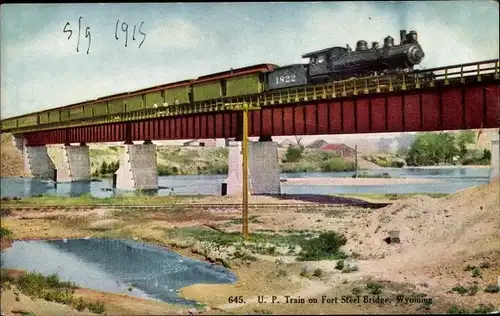 Ak Wyoming USA, UP-Zug auf der Fort Steel Bridge