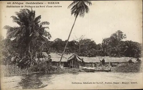Ak Dakar Senegal, Häuser von Fischern am Rande eines Flusses