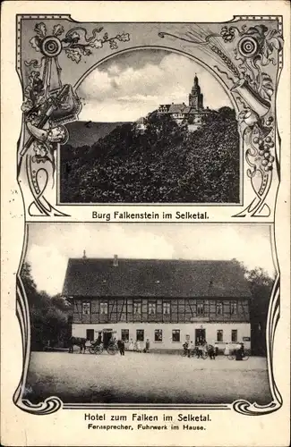 Passepartout Ak Falkenstein im Harz, Blick zur Burg, Hotel zum Falken im Selketal