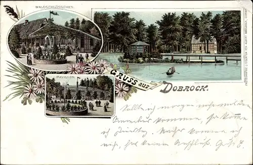 Litho Dobrock Wingst in Niedersachsen, Waldschlösschen, Pavillon, Teich