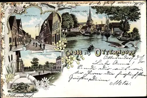 Litho Otterndorf an der Niederelbe, Hafen, Marktstraße, Villenstraße