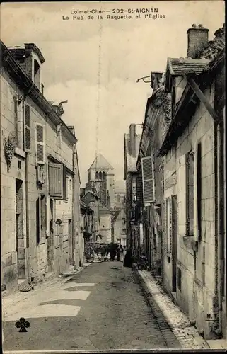 Ak Saint Aignan Loir et Cher, Rue de la Raquette et l´Église