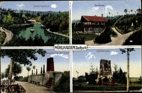 Ak Mühlhausen in Thüringen, Goldfischteich, Parkhaus, Bauernkrieg Denkmal, Schillerstein