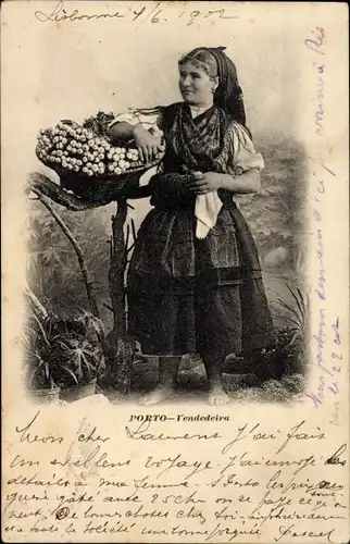 Ak Porto Portugal, Vendedeira, Blumenverkäuferin