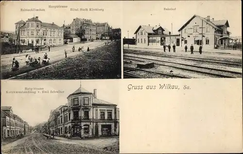 Ak Wilkau in Sachsen, Kurzwarenhandlung, Bahnhof, Strassenansicht, Hotel