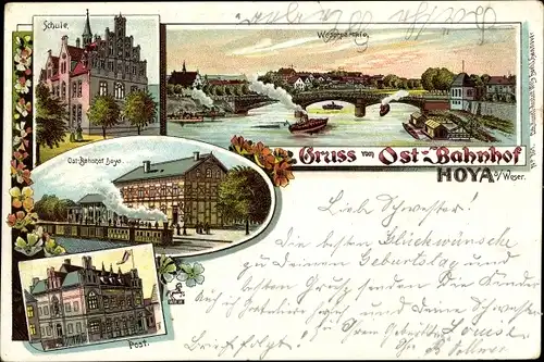 Litho Hoya an der Weser, Schule, Ostbahnhof, Gleisseite, Weserpartie, Post