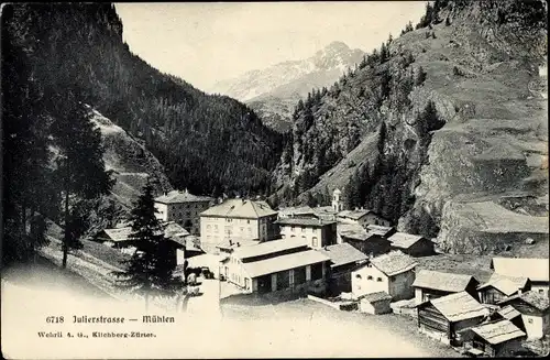 Ak Mulegns Mühlen Kanton Graubünden, Julierstraße, Totalansicht