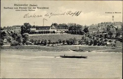 Ak Rheinweiler Bad Bellingen in Baden, Gasthaus zum Sternen, Rheinfähre, Blick auf den Ort