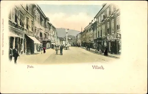 Ak Villach in Kärnten, Partie auf dem Platz, Denkmal, Geschäfte, Stengel 5544