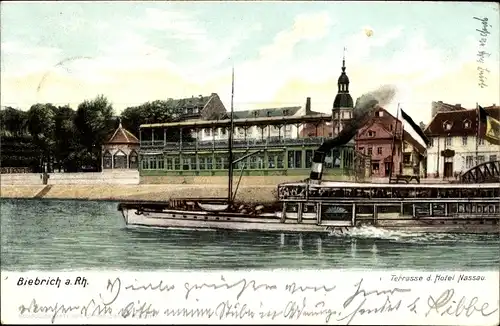 Litho Biebrich Wiesbaden Rhein, Hotel Nassau, Dampfer