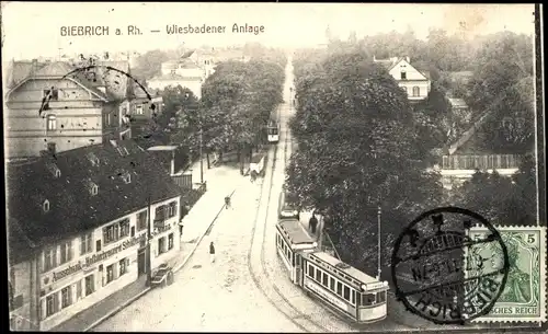 Ak Biebrich am Rhein Wiesbaden, Wiesbadener Anlage, Straßenbahn