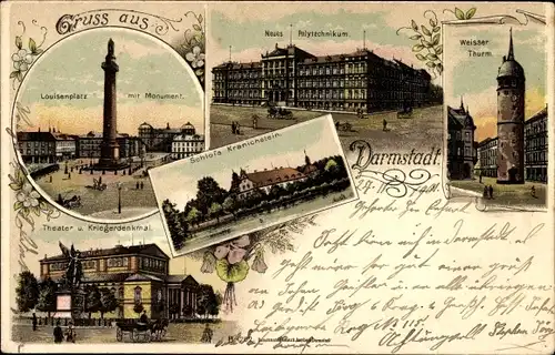 Litho Darmstadt in Hessen, Louisenplatz, Monument, Polytechnikum, Weißer Turm, Kranichstein, Theater