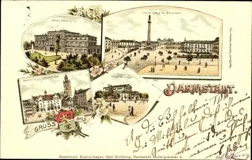 Litho Darmstadt in Hessen, Neues Palais, Marktplatz, Stadtkirche, Theater, Kriegerdenkmal, Wappen
