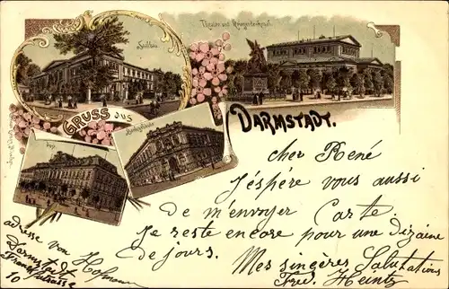 Litho Darmstadt in Hessen, Bank, Post, Theater, Kriegerdenkmal, Saalbau