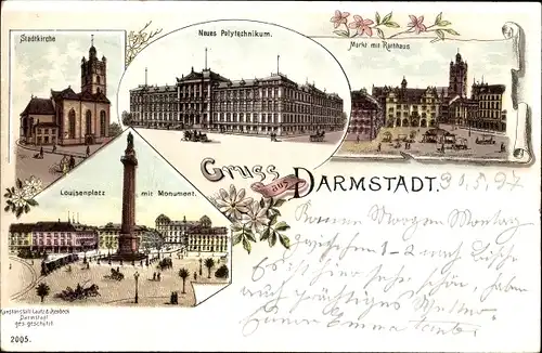 Litho Darmstadt in Hessen, Neues Polytechnikum, Markt, Rathaus, Stadtkirche, Louisenplatz