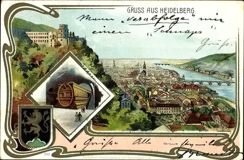 Jugendstil Litho Heidelberg am Neckar, Gesamtansicht, Wappen, Fass
