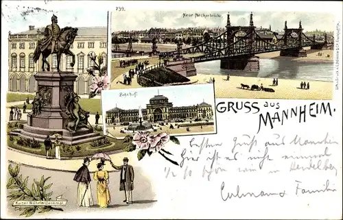 Litho Mannheim in Baden Württemberg, Stadtansichten, Denkmal, Bahnhof, Neckarbrücke